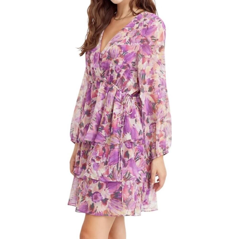Adelyn Rae Isabella Ruffle Tiered Mini Dress Pink and Purple Floral Small New